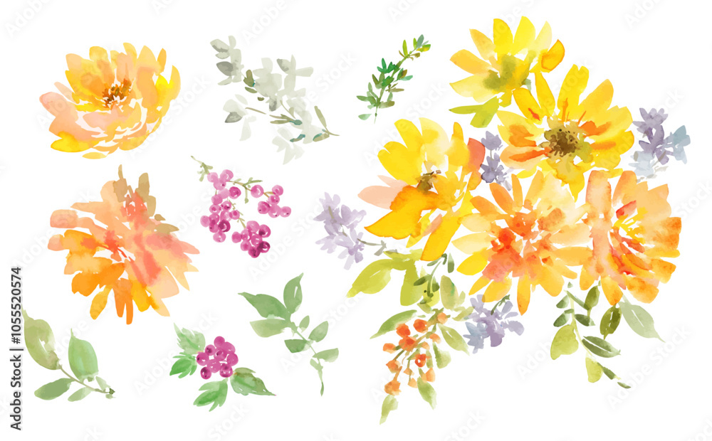 Vector clip art set of autumn flowers painted in watercolor. Hand-drawn floral illustration set for backgrounds and patterns. Vector clip art set of autumn flowers painted in watercolor. Hand-drawn floral illustration set for backgrounds and patterns.