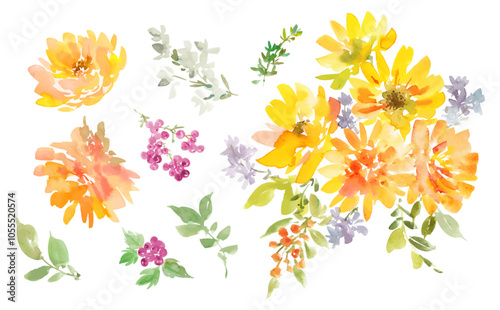 Vector clip art set of autumn flowers painted in watercolor. Hand-drawn floral illustration set for backgrounds and patterns.