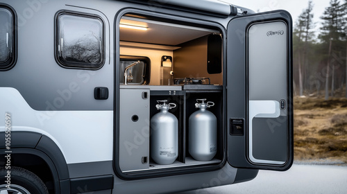 Open door of a camper van revealing interior storage with two gas cylinders, kitchenette, and modern design features, parked in a wooded area.