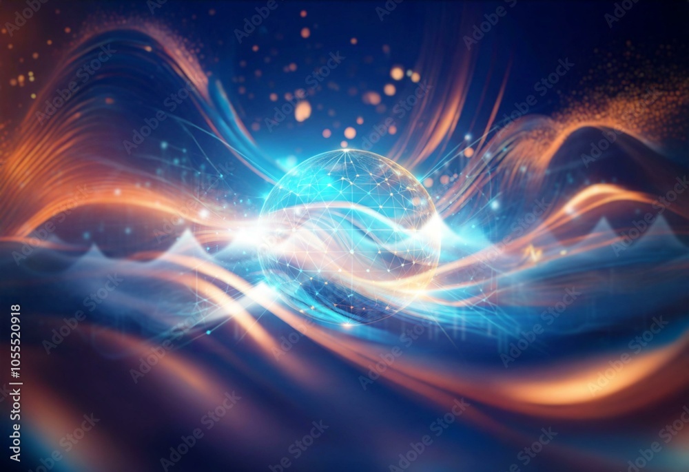 Abstract background with golden and blue glowing lines and blurred bokeh lights.