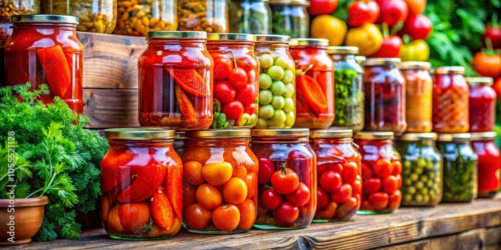Rows of Glass Jars with Canned Tomatoes and Horseradish for Sale - High Dynamic Range Image Rows of Glass Jars with Canned Tomatoes and Horseradish for Sale - High Dynamic Range Image