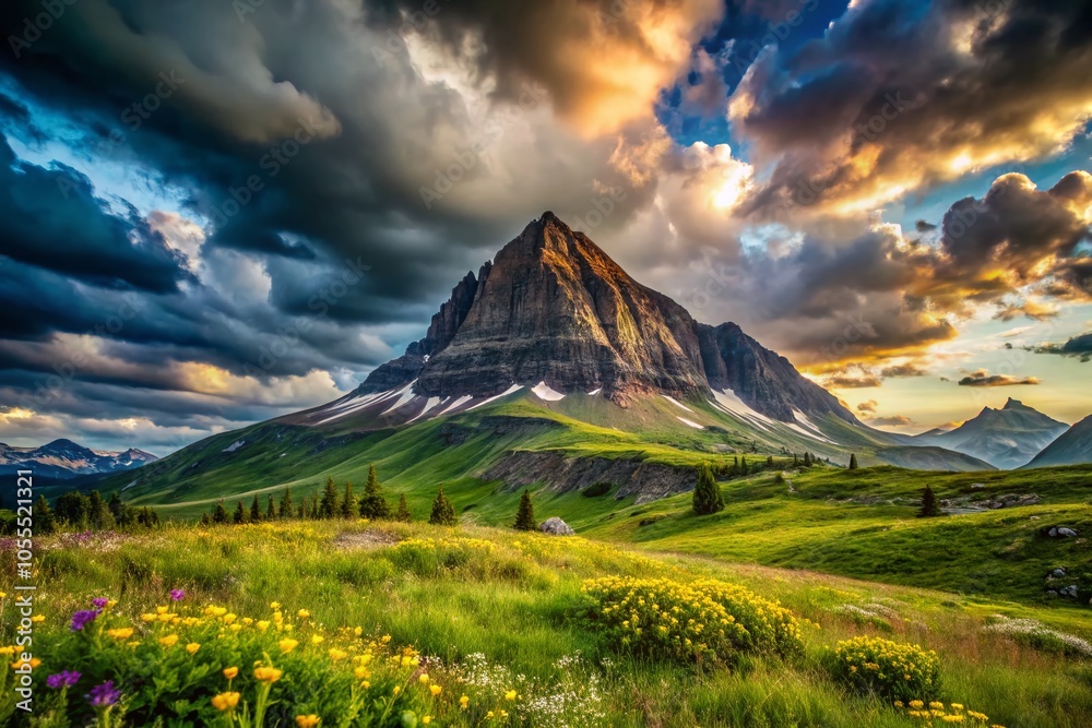 Fototapeta premium Rugged Conical Mountain Under Dramatic Sky Over Expansive Plains - Nature Landscape Photography