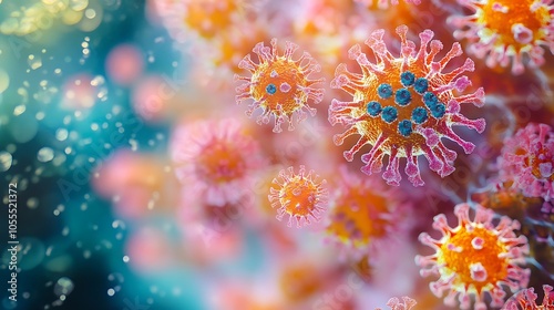 Abstract close-up of dangerous virus particles illustrating coronavirus and influenza strain study