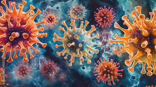 Microscopic illustration of virus cells highlighting Covid-19 strains and epidemic control research