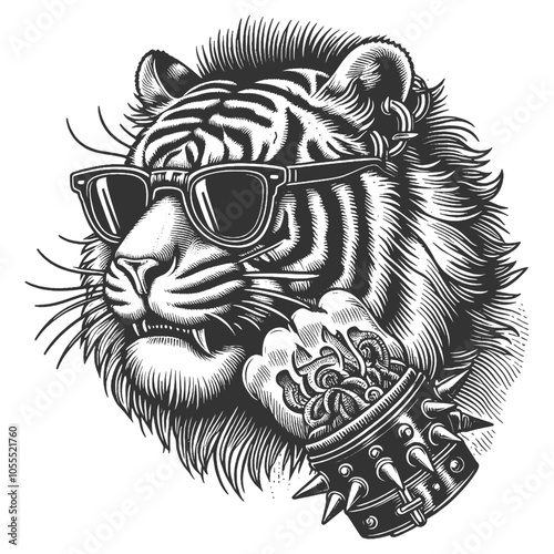 punk tiger with a mohawk, in sunglasses and a spiked collar, blending fierce and rebellious vibes sketch engraving generative ai vector illustration. Scratch board imitation. Black and white image.