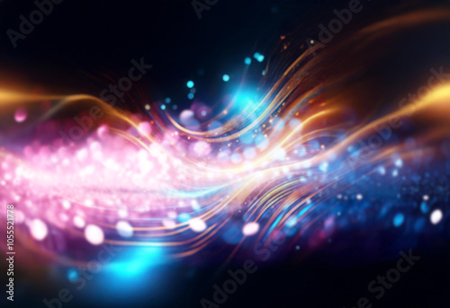 Abstract swirling lines of orange and blue light with a dark background.