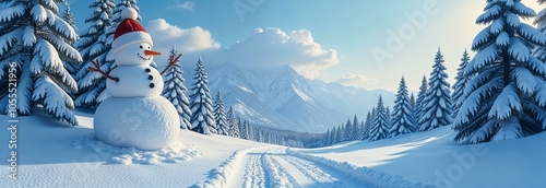 Panoramic winter landscape with snowman mountains and paph photo