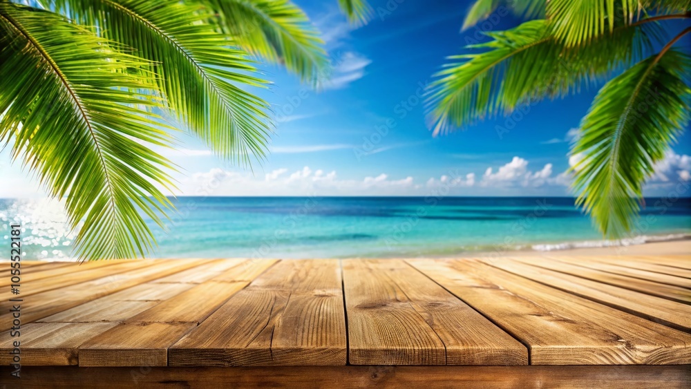 Rustic Wooden Table by Beach with Palm Leaves and Blue Sky for Product Display and Business Promotion Rustic Wooden Table by Beach with Palm Leaves and Blue Sky for Product Display and Business Promotion
