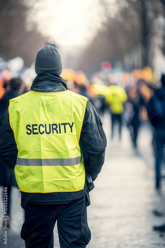 Fototapeta premium vertical image of back view of Security Personnel with vest Monitoring Crowd at street