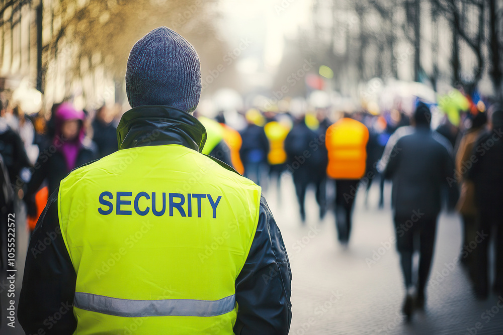 Fototapeta premium back view of Security Personnel Monitoring Crowd at Public Event in High Visibility Jacket with SECURITY Text