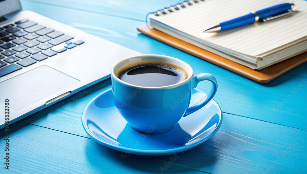 Blue monday concept with cup of coffee and working office table Blue monday concept with cup of coffee and working office table