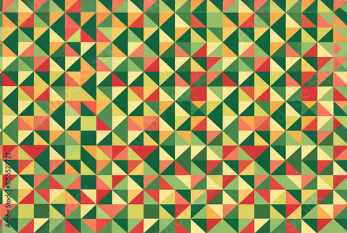 Abstract background created from green, yellow, red and orange geometric shapes in a repeating seamless pattern.