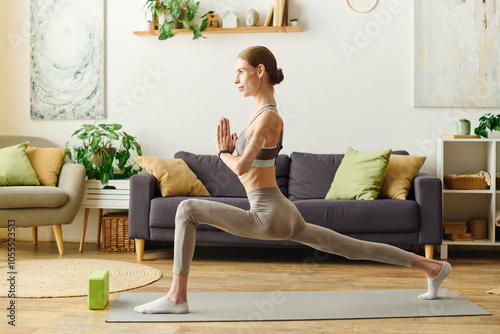 A dedicated young woman with anorexia performs yoga, showcasing her strength and resilience in her calming living space.