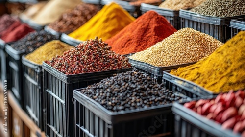 Vibrant spices in baskets, showcasing a variety of colors and textures.