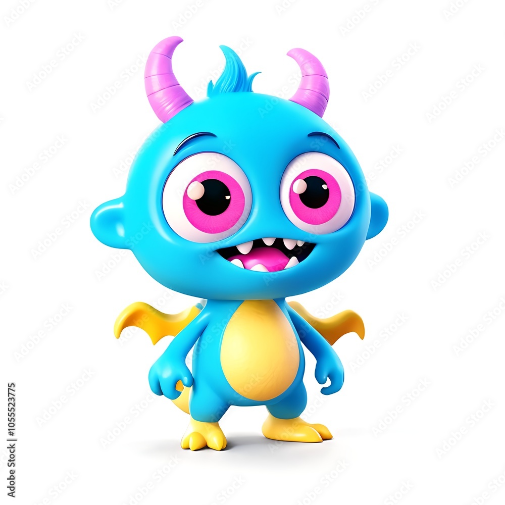 A cute blue monster with big eyes, horns and wings stands on a white background, smiling. A cute blue monster with big eyes, horns and wings stands on a white background, smiling.
