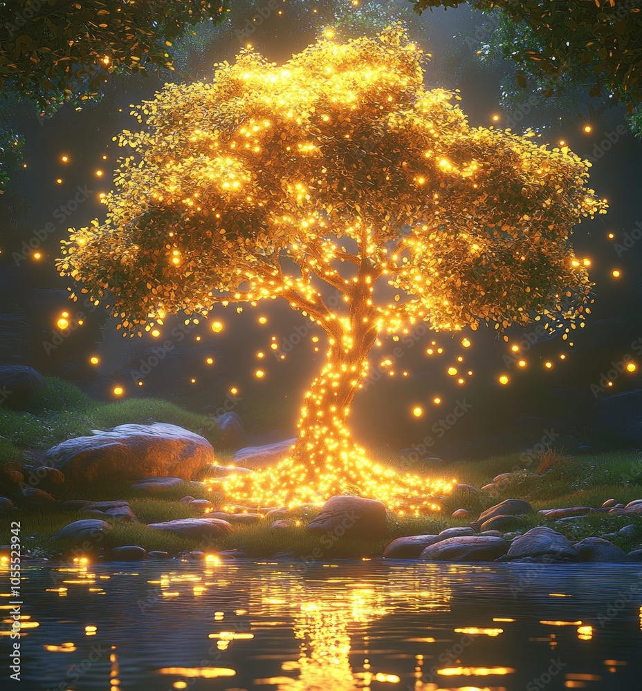 Fototapeta premium Magical tree glowing with golden light