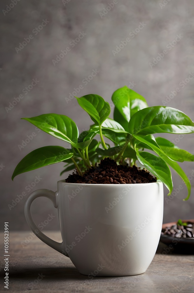 Green plant growing in white coffee cup on Wooden table, tranquil sense of calmness & connection with nature. botany leaf growth on indoor Green plant growing in white coffee cup on Wooden table, tranquil sense of calmness & connection with nature. botany leaf growth on indoor