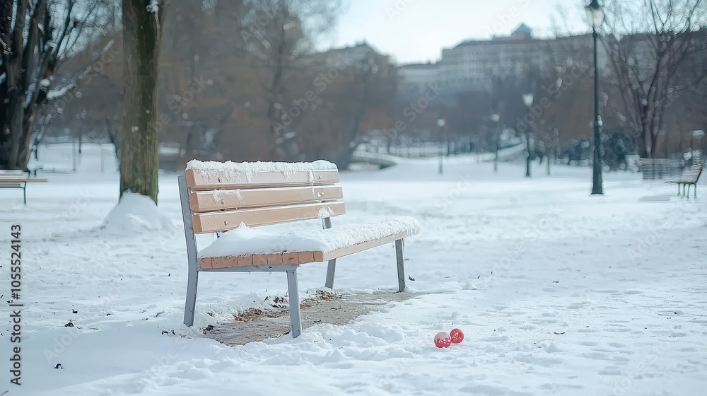 Snow-Covered Bench in a Quiet Winter Park Snow-Covered Bench in a Quiet Winter Park