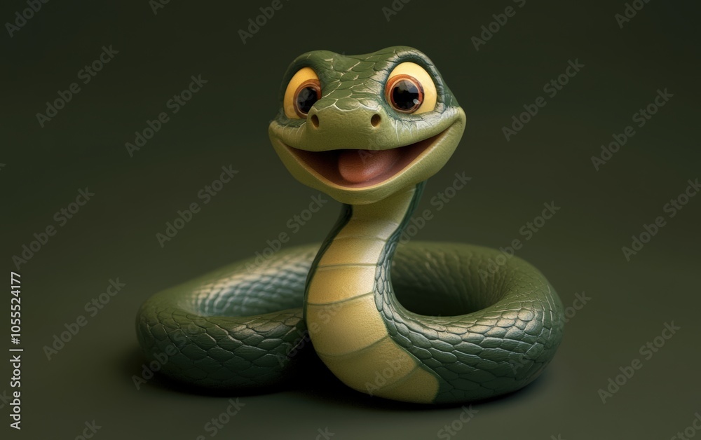 Fototapeta premium 3d render cute clay green happy snake