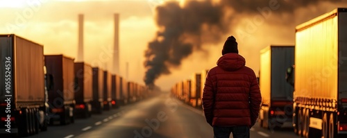 A lone figure stands among trucks, smoke billowing in the sunset, highlighting pollution.