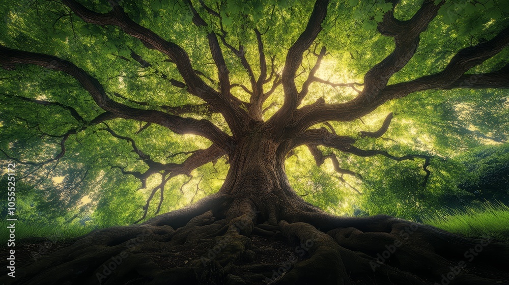 Fototapeta premium A majestic old tree with thick, gnarled branches reaching towards the sky, its roots firmly planted in the earth. The sun shines through the leaves, casting a warm glow.