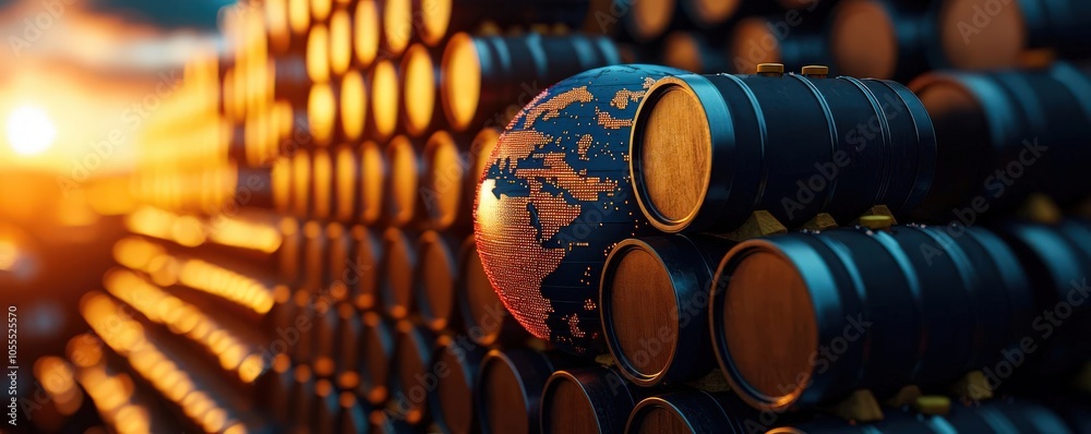 Barrels stacked in rows with a globe reflecting sunset light. Barrels stacked in rows with a globe reflecting sunset light.
