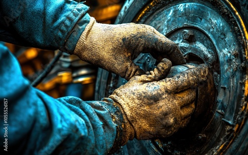 Mechanic's hands working on a tire in a repair shop 