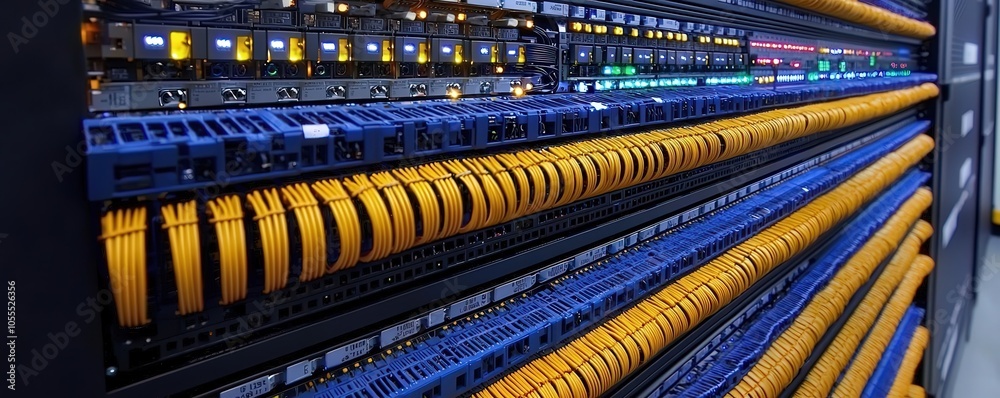 Close-up of colorful cables connected to server rack. Close-up of colorful cables connected to server rack.