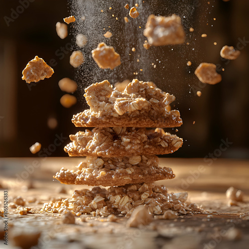 Close-Up of Oatmeal Cookies Dropping in Layers on a Rustic Wooden Surface