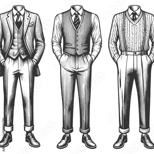 vintage men fashion outfits, featuring suits, vests, sweaters, capturing classic style and elegance sketch engraving generative ai vector illustration. Scratch board imitation. Black and white image