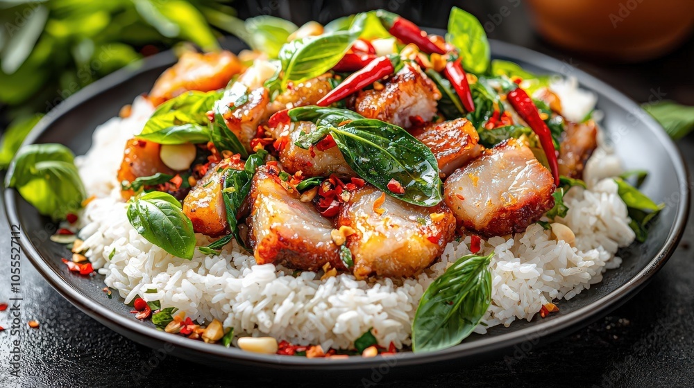 Delicious dish of rice topped with spicy grilled chicken and fresh herbs. Delicious dish of rice topped with spicy grilled chicken and fresh herbs.