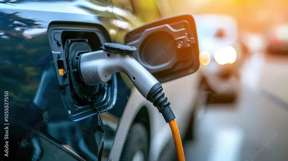 Electric vehicle charging station with a close-up on the charging plug. Electric vehicle charging station with a close-up on the charging plug.