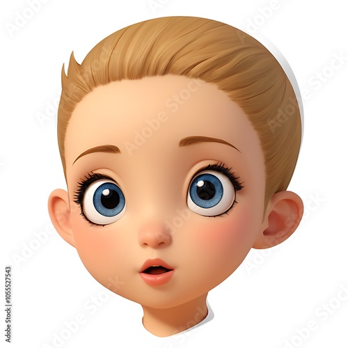 A cartoon girl with blonde hair and blue eyes looks up in surprise.