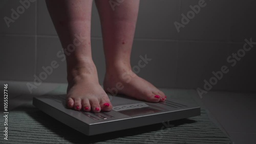 Unrecognisable overweighted woman getting on the scale