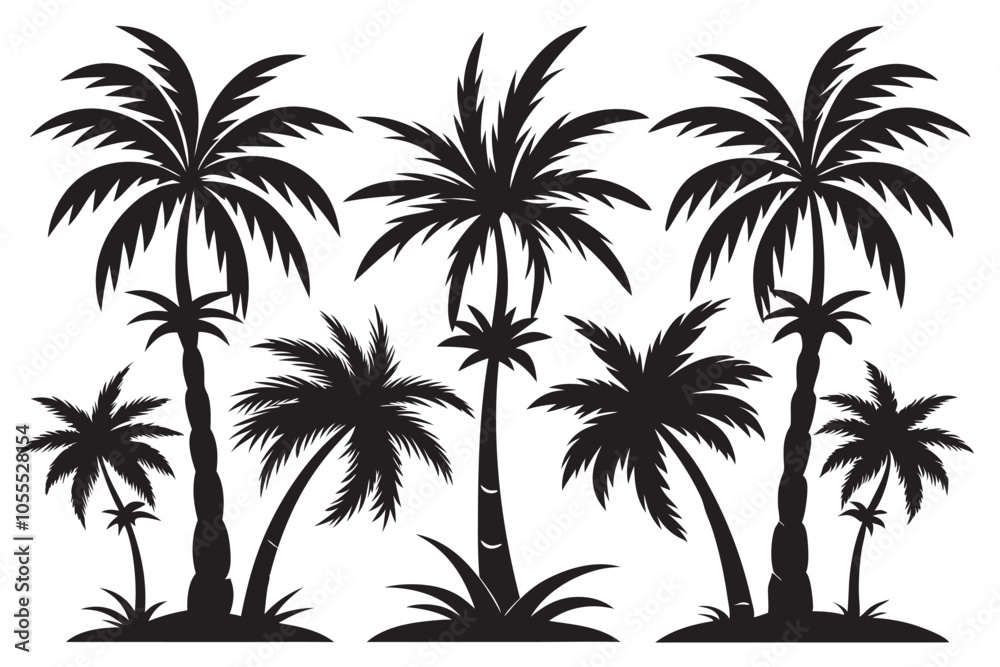 Fototapeta premium Nine black palm tree silhouettes of varying shapes and sizes on a white background create a tropical vibe.