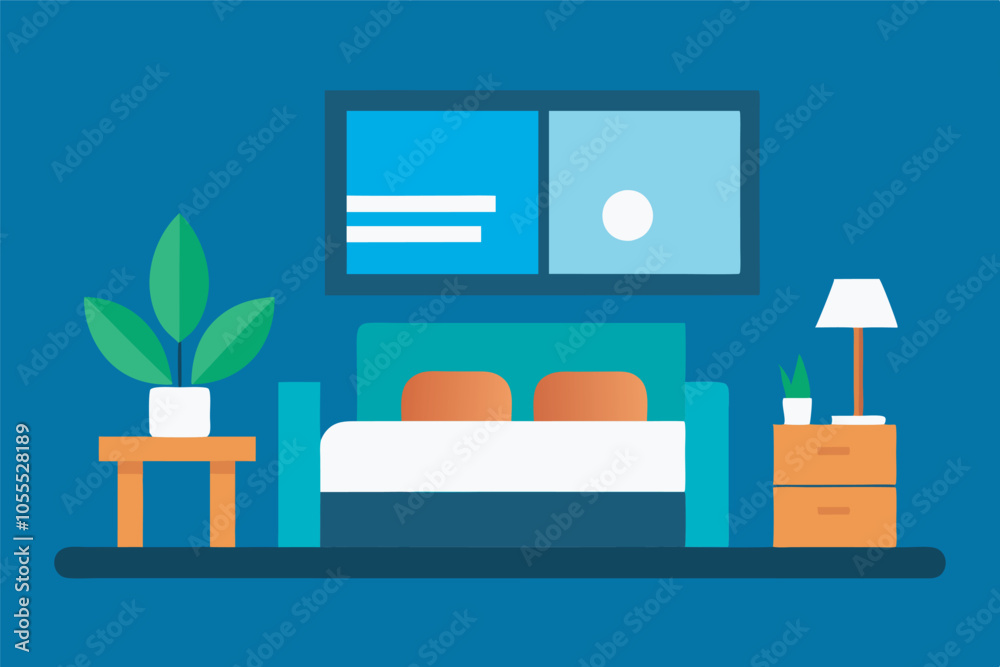 A cozy bedroom with a blue backdrop, double bed, colorful pillows, green plant, and lamp. Peaceful and warm ambiance with natural light flowing in. A cozy bedroom with a blue backdrop, double bed, colorful pillows, green plant, and lamp. Peaceful and warm ambiance with natural light flowing in.