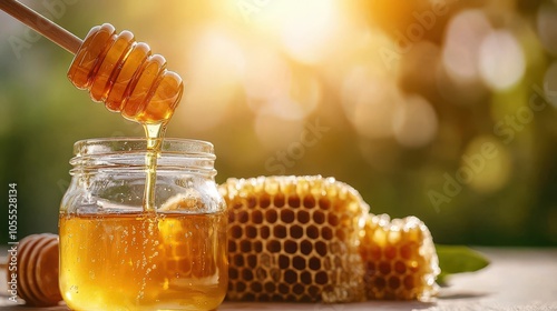 Golden honey pouring from a dipper into a glass jar, with honeycomb beside it.