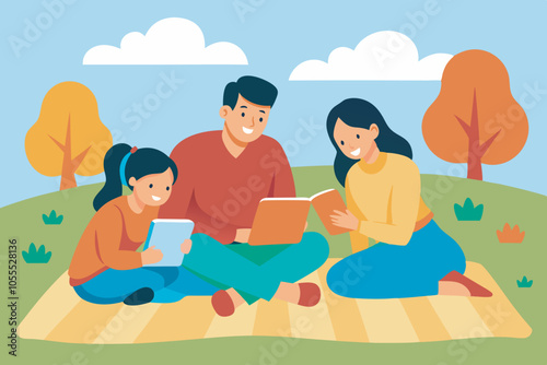 A family of three enjoys a picnic in the park: father and mother read books, daughter uses a tablet. Autumn colors, trees, and a relaxed atmosphere.