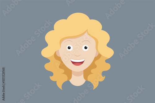 Cartoon character: curly blonde hair, white teeth, dark eyes, dark top, grey background.