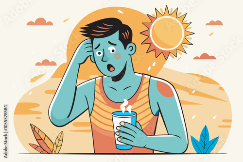 An exhausted man with a sunburn sits on the beach holding a drink under a hot sun. Palm leaves and raindrops add to the scene's desert-like setting.