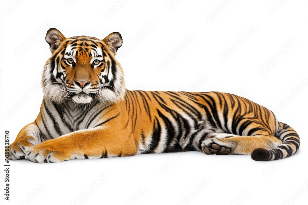 Obraz premium A striking tiger lies relaxed in the center, showcasing its vibrant orange fur and bold black stripes against a plain backdrop. It appears calm and regal in this tranquil moment.
