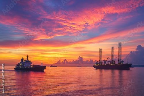 Offshore oil and gas jackup platform, during cargo operations with supply vessel in the sea and beautiful colourful sunset sky. Generative ai photo