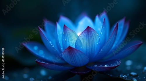 A close-up of a vibrant blue lotus flower with water droplets on its petals.