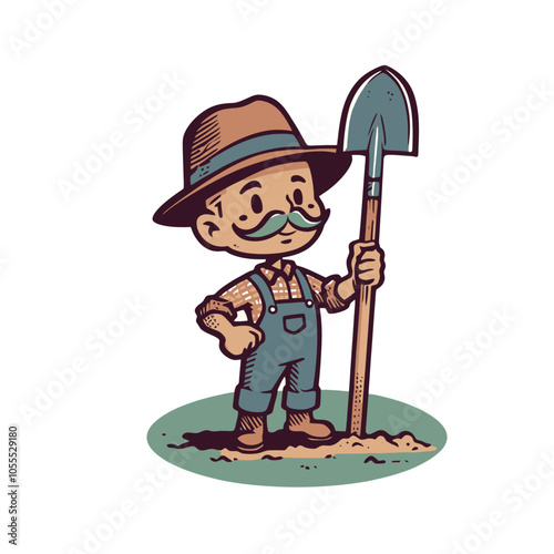 organic farmer character cartoon with shovel. Isolated vector illustration 