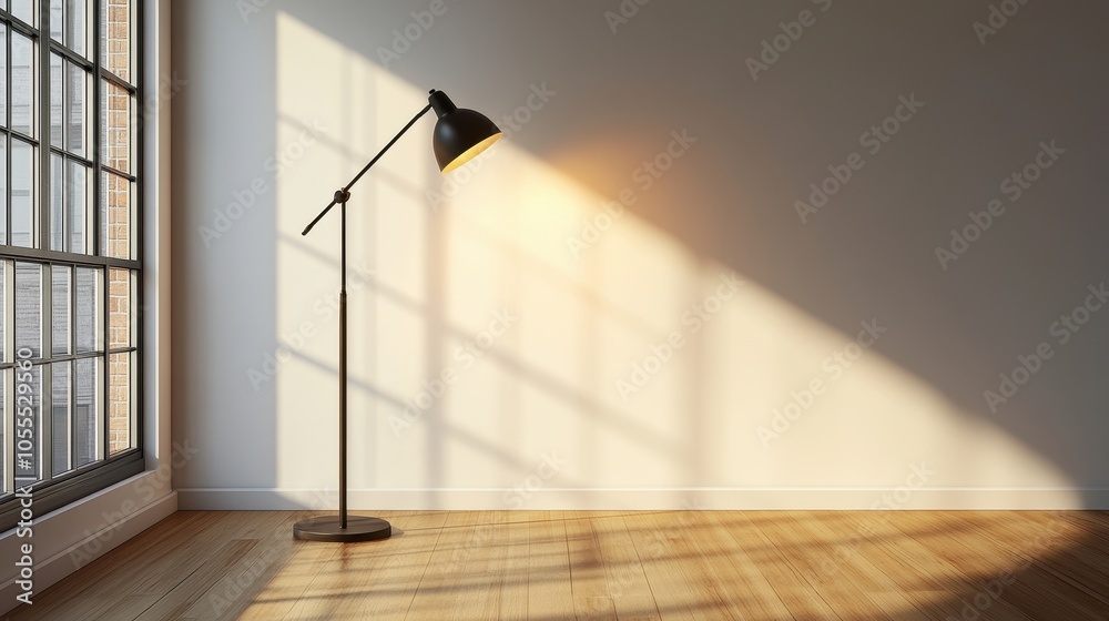 Obraz premium A sleek lamp stands alone against a bright white wall, casting soft light in a minimalist space