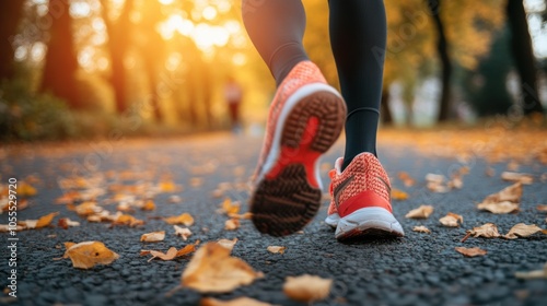 person jogging in the park during a crisp autumn morning, leaves scattered on the path, vivid fall colors, feeling fresh and active