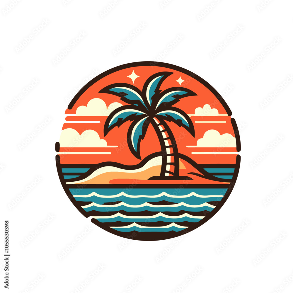 Fototapeta premium Palm beach vacation andvector illustration emblem. Ocean, sunrise, holiday