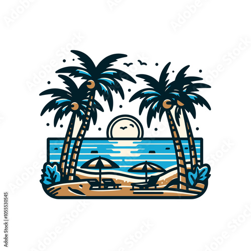 Palm beach vacation andvector illustration emblem. Ocean, sunrise, holiday