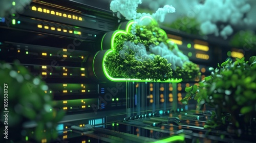 cloud computing, green technology, server room, eco friendly design, renewable energy, digital transformation, sustainable development, innovation, nature integration, technology fusion