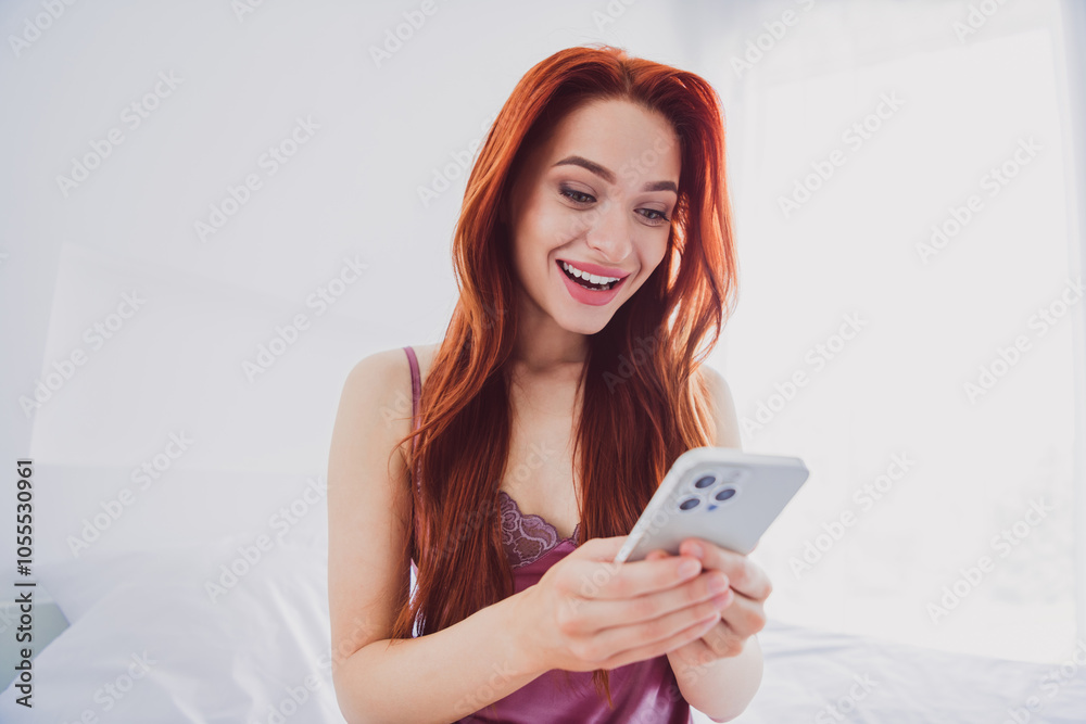 Photo of cheerful cute lovely lady chatting phone comfortable modern bedroom indoors white light interior Photo of cheerful cute lovely lady chatting phone comfortable modern bedroom indoors white light interior